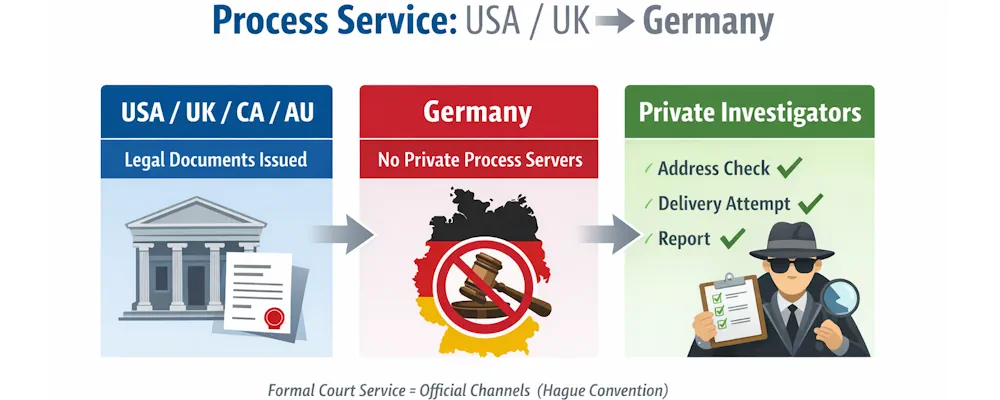 Process service Germany explained – legal documents from USA or UK delivered with support of private investigators 